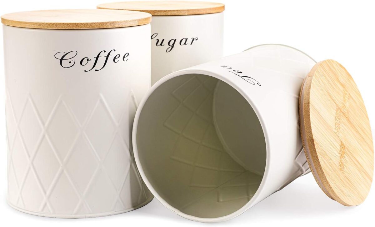 Fasmov 3 Pack Kitchen Canister Set, Coffee, Sugar, and Tea Storage Container Jars with Bamboo Lids for Storing Sugar, Coffee and Tea, Beige - Image 2
