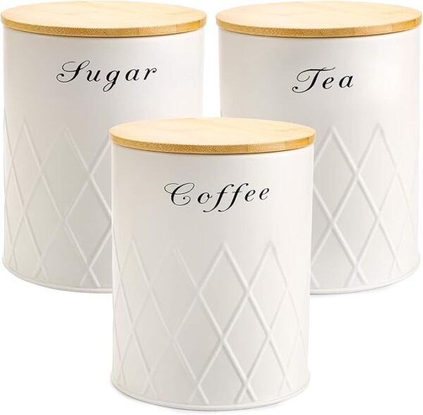 Fasmov 3 Pack Kitchen Canister Set, Coffee, Sugar, and Tea Storage Container Jars with Bamboo Lids for Storing Sugar, Coffee and Tea, Beige
