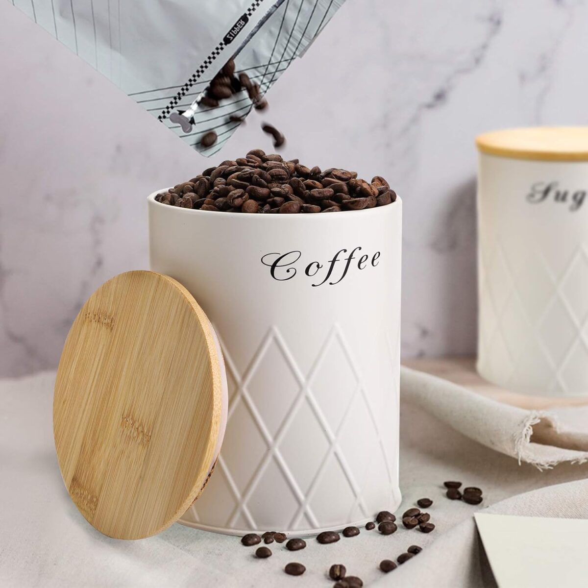 Fasmov 3 Pack Kitchen Canister Set, Coffee, Sugar, and Tea Storage Container Jars with Bamboo Lids for Storing Sugar, Coffee and Tea, Beige - Image 4