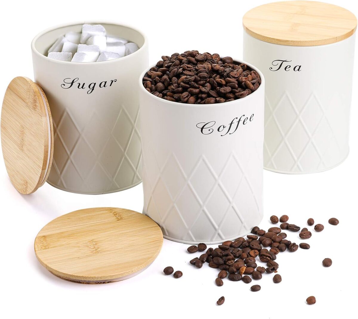 Fasmov 3 Pack Kitchen Canister Set, Coffee, Sugar, and Tea Storage Container Jars with Bamboo Lids for Storing Sugar, Coffee and Tea, Beige - Image 6