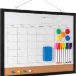Dry Erase Calendar Whiteboard, 17" x 13" Magnetic Whiteboard & Cork Board Combo with Accessories – Black