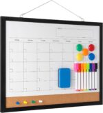 Dry Erase Calendar Whiteboard, 17" x 13" Magnetic Whiteboard & Cork Board Combo with Accessories – Black