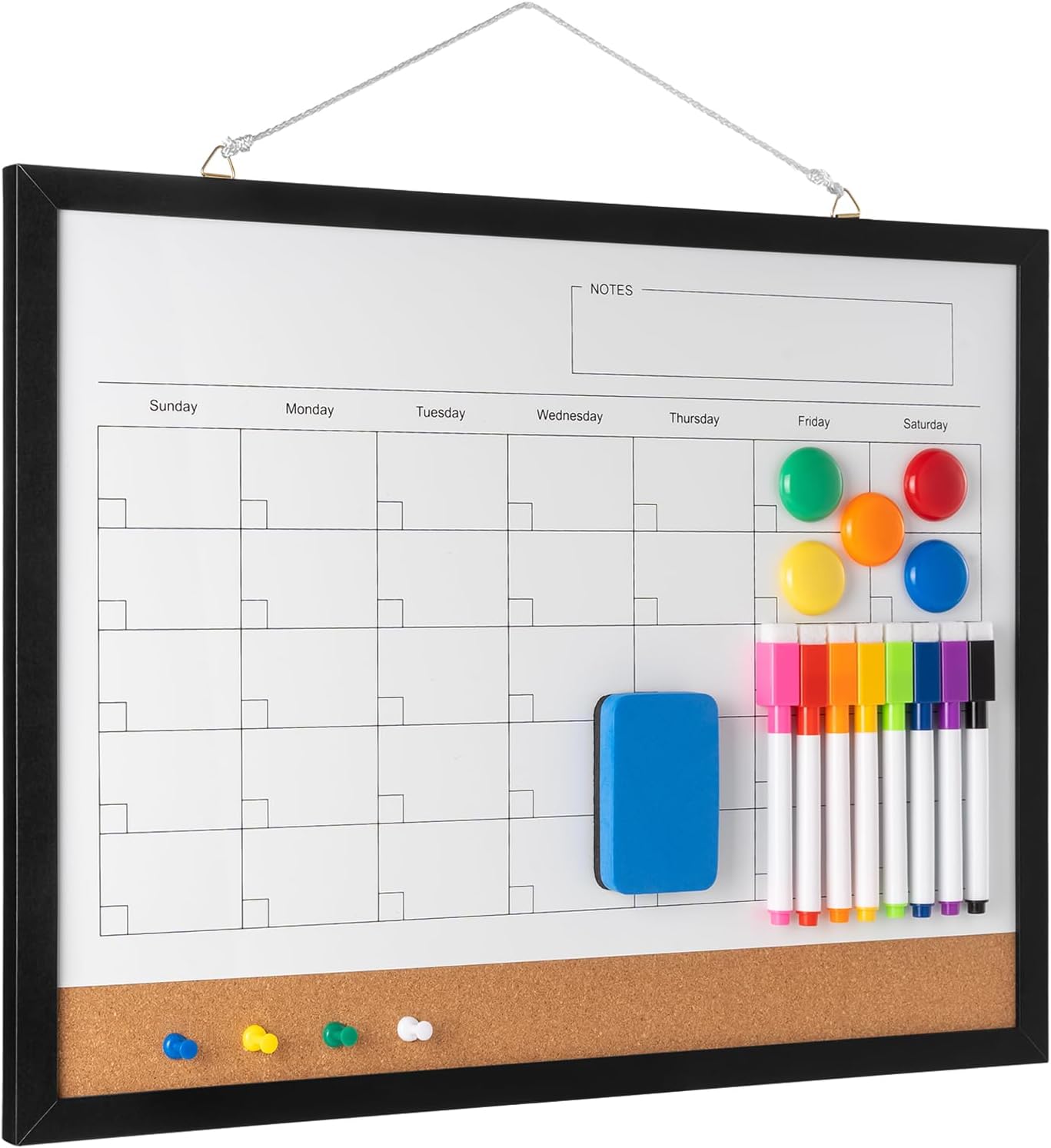 71bxgirpT3L._AC_SL1500_ Dry Erase Calendar Whiteboard, 17" x 13" Magnetic Whiteboard & Cork Board Combo with Accessories – Black - Image 1