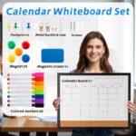Dry Erase Calendar Whiteboard, 17" x 13" Magnetic Whiteboard & Cork Board Combo with Accessories – Black - Image 2