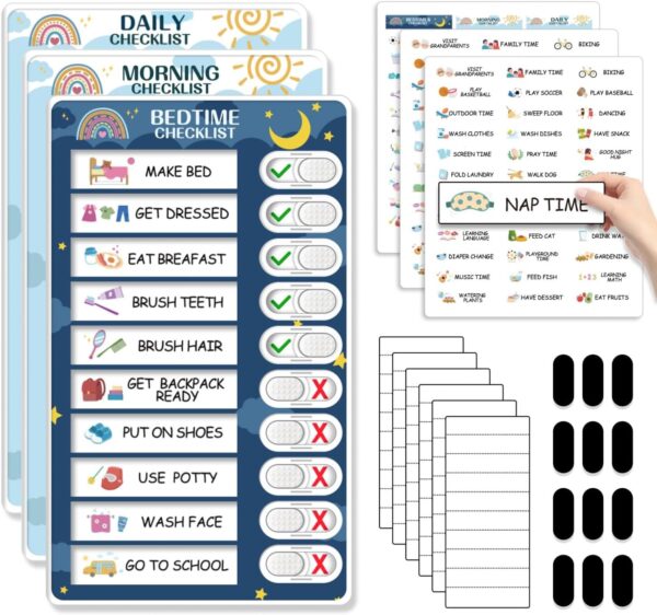 Upgraded Slider 3-in-1 Bedtime / Morning / Daily Routine Chart for Kids – Magnetic Chore & Visual Schedule Board with 99 Stickers