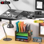 DAOUTIME 4-Tier Mesh Desk File Organizer – 5 Vertical File Holders + Drawer & Pen Holders (Wood + Metal) - Image 7