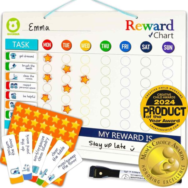QUOKKA Magnetic Behavior Chore & Reward Chart for Kids – 48 Chore Cards + 49 Star Magnets with Dry-Erase Board