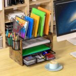 DAOUTIME 4-Tier Mesh Desk File Organizer – 5 Vertical File Holders + Drawer & Pen Holders (Wood + Metal) - Image 3