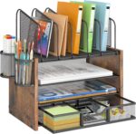 DAOUTIME 4-Tier Mesh Desk File Organizer – 5 Vertical File Holders + Drawer & Pen Holders (Wood + Metal)